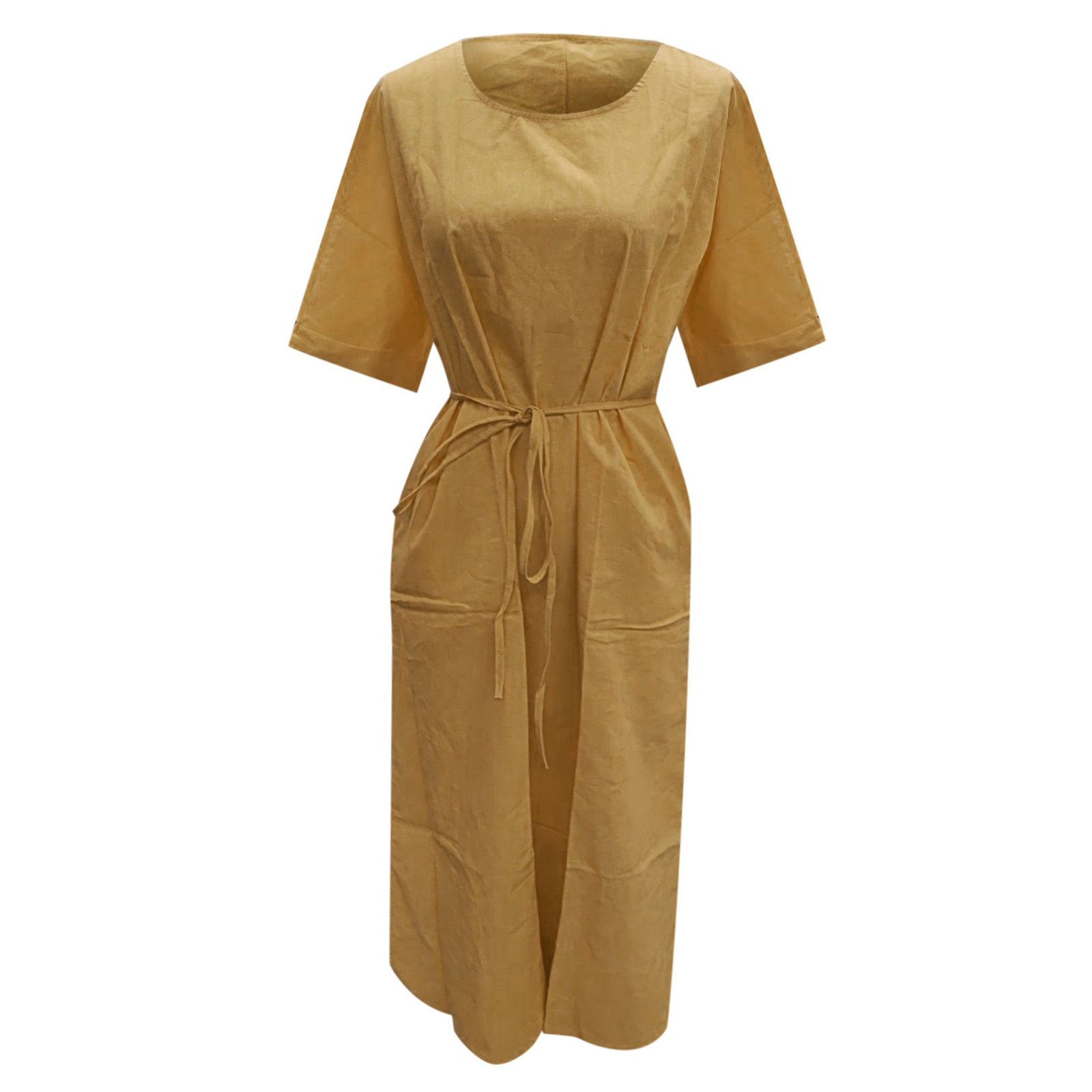 thumbnail image 4 of Vestido largo de lino para mujer talla grande - Cintura con cordón, abertura, manga corta, informal, 4 of 6